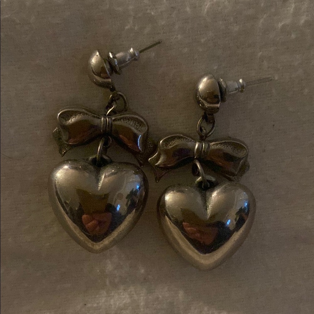 Elegant Silver Heart Earrings with Bow